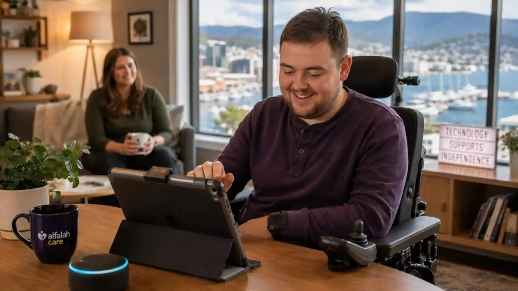 NDIS participant confidently using assistive technology to enable independence in Hobart home