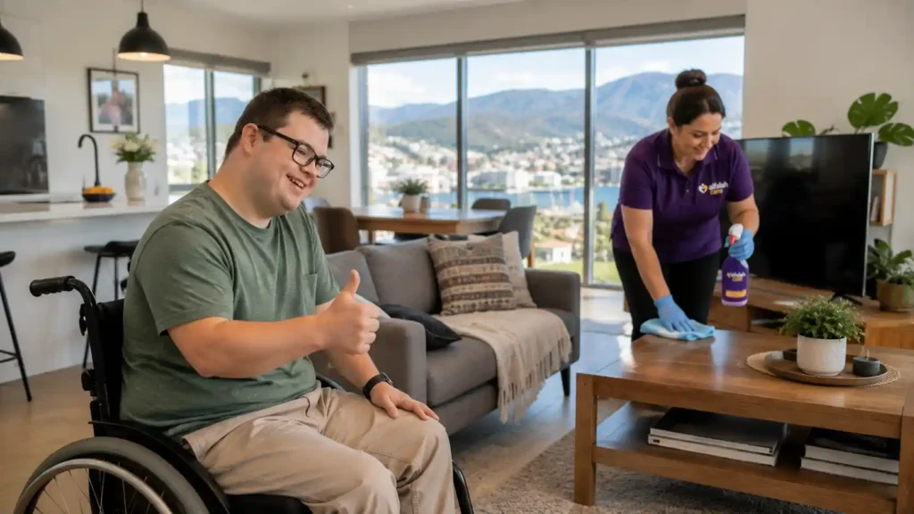 NDIS participant proudly reviewing freshly cleaned Hobart home with professional cleaning support