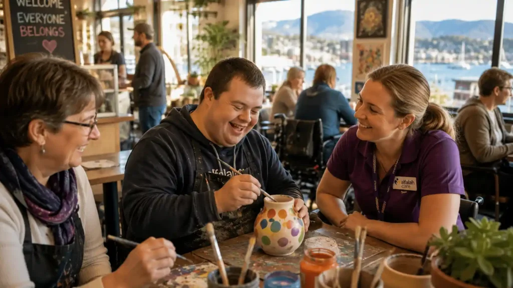 NDIS participant confidently participating in genuine community activity in Hobart with support