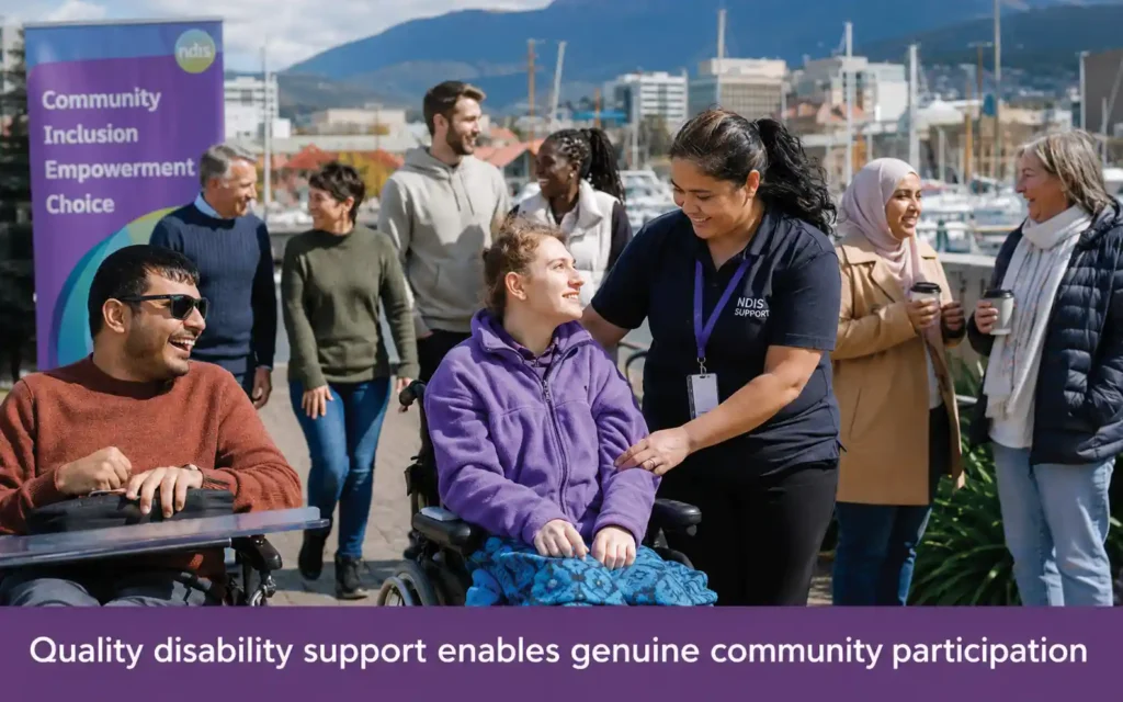 Infographic showing five types of NDIS disability support services: personal care, community access, daily living skills, specialized support, and accommodation assistance