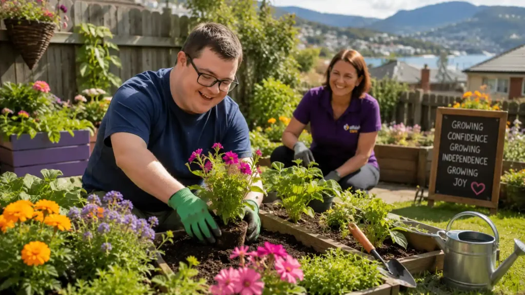 NDIS participant joyfully tending their Hobart garden with gardening support worker