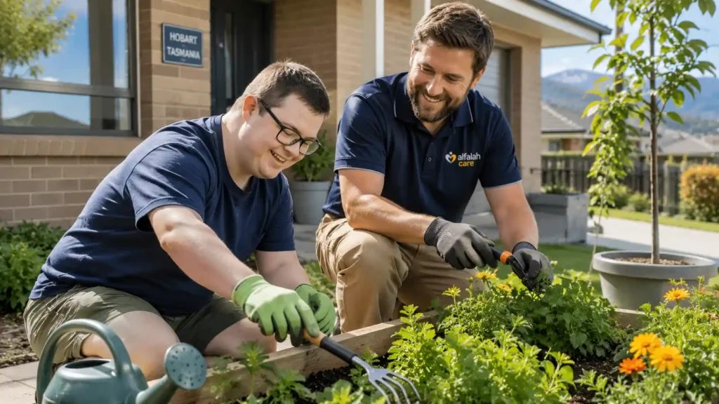 NDIS participant and support worker collaboratively maintaining Hobart home garden together