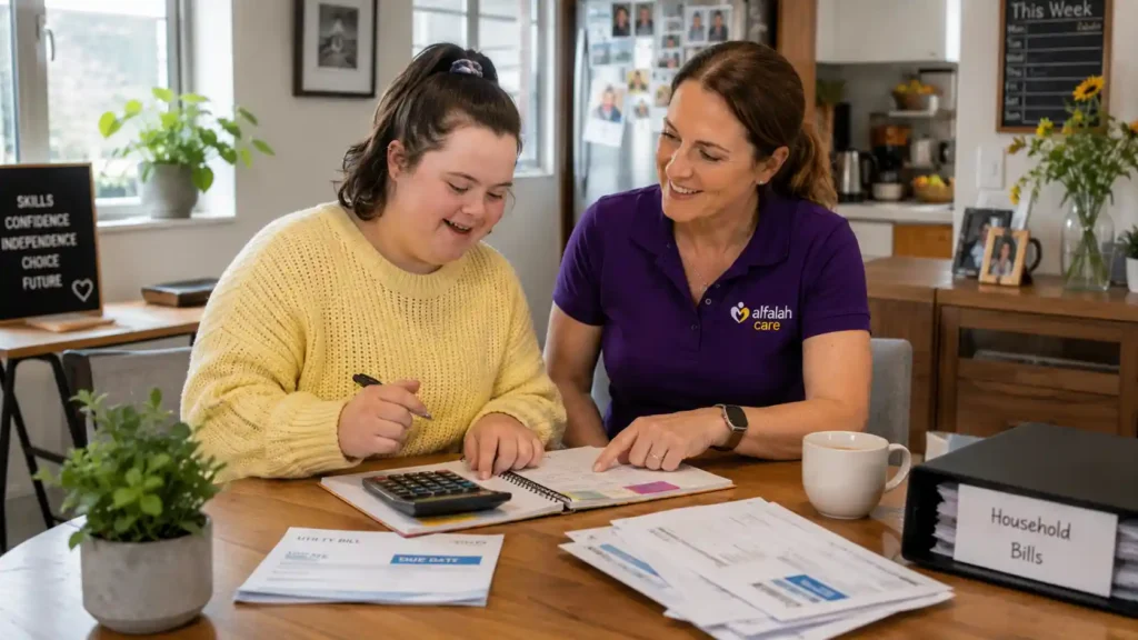 NDIS participant learning household task management with support worker in Hobart home