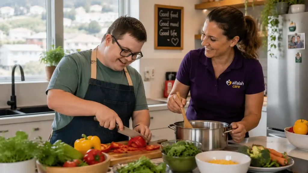 NDIS participant learning to prepare healthy meal with support worker in Hobart kitchen