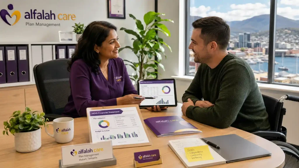 Plan manager reviewing NDIS financial documents and payment records with participant in Hobart office at Alfalah Care