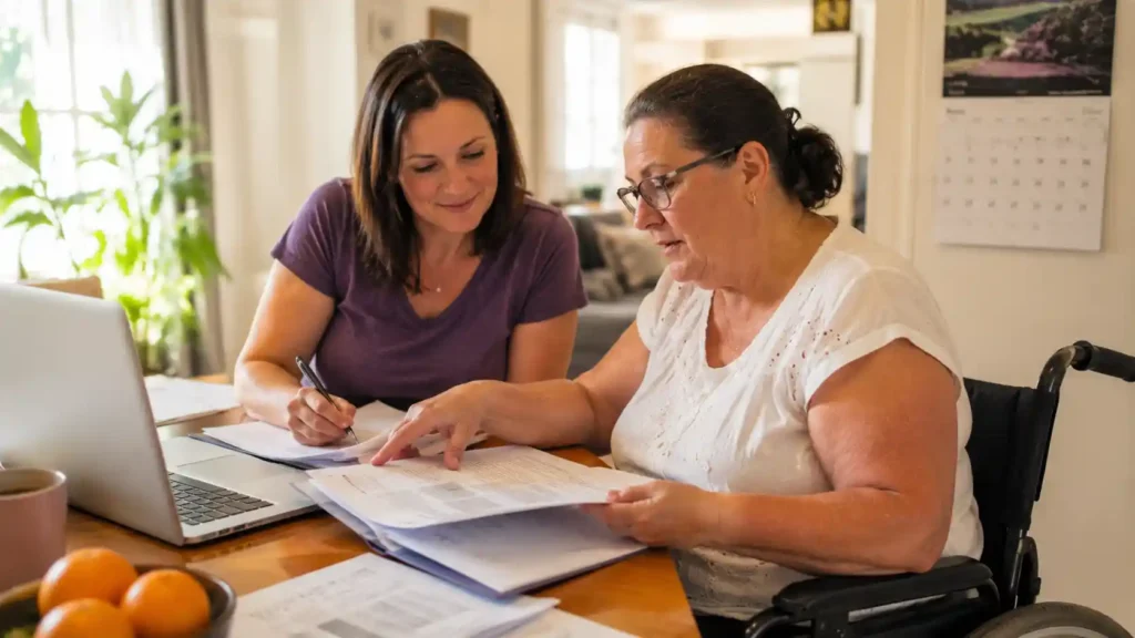 Participant and family member preparing NDIS plan review documents at a table in Hobart