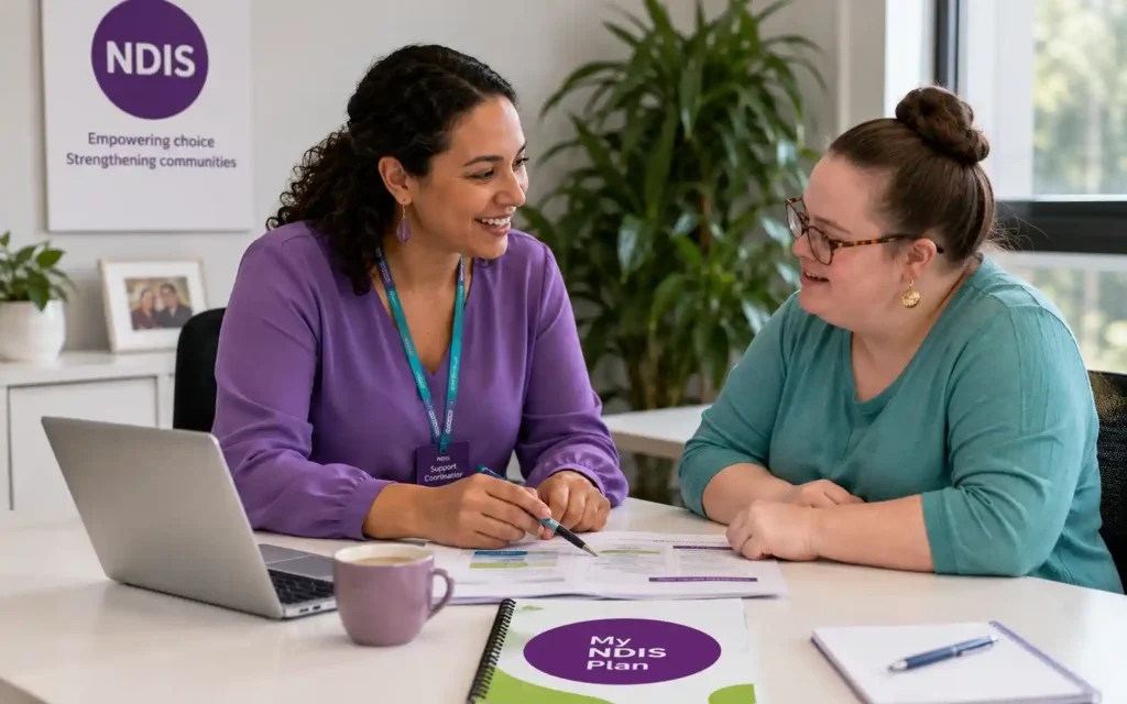 NDIS support coordinator meeting with a participant in a modern Hobart office to discuss support coordination and NDIS plan goals.