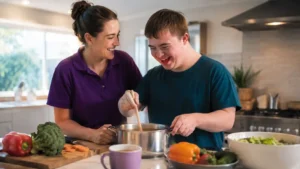 NDIS support worker helping a participant prepare a meal at home in Hobart