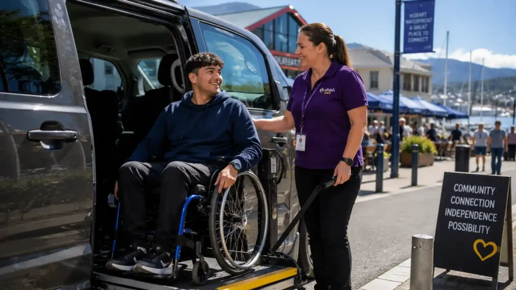 NDIS participant confidently engaging in genuine social community activity with support in Hobart